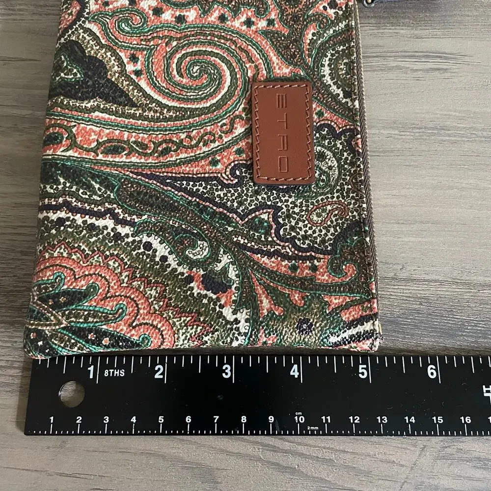 ETRO Paisley Coated Canvas Zip Pouch Clutch Multicolor Leather Trim Italy